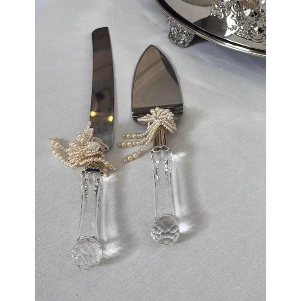 Vintage Beaded Pearl Wedding Cake Cutting Set